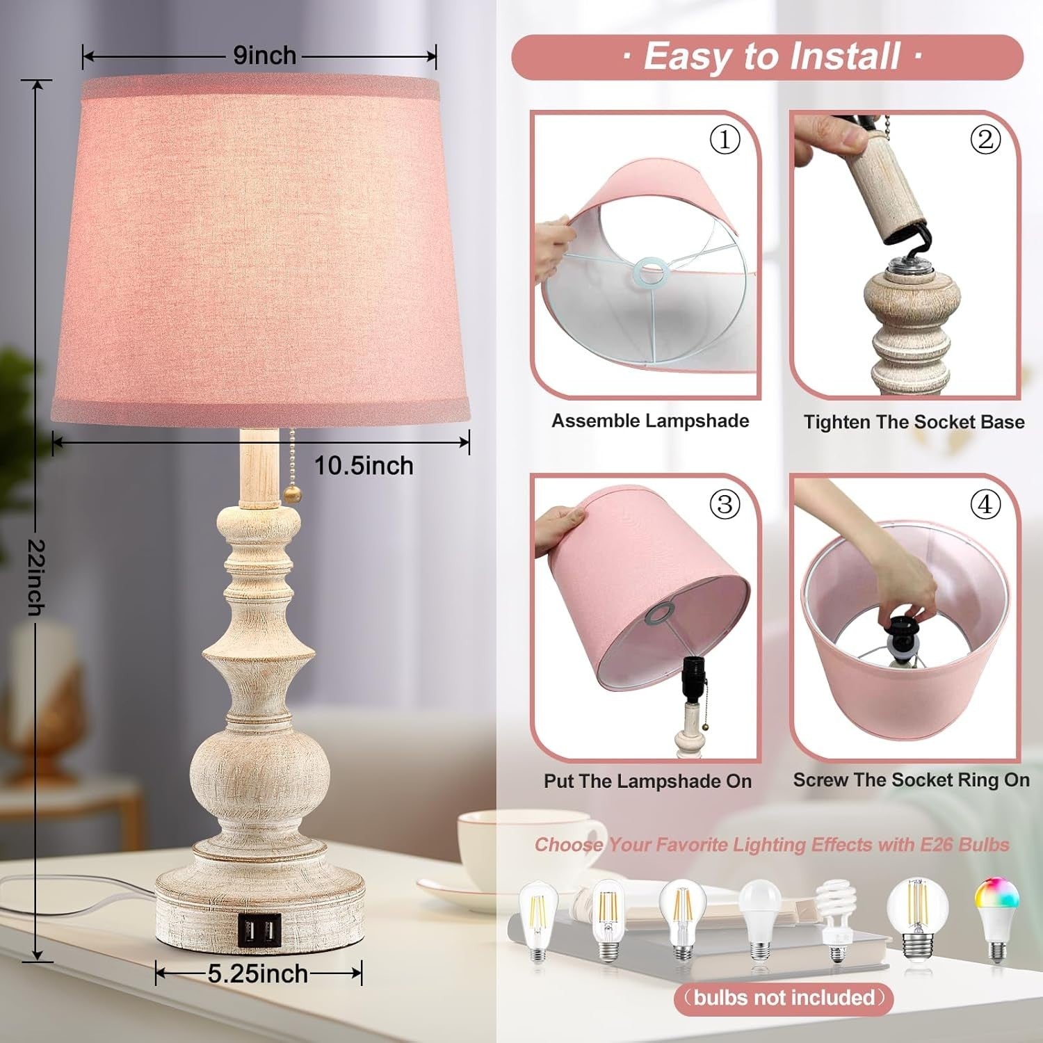 Pink Farmhouse Table Lamps Set of 2 with USB, 22" Tall, Perfect for Girls