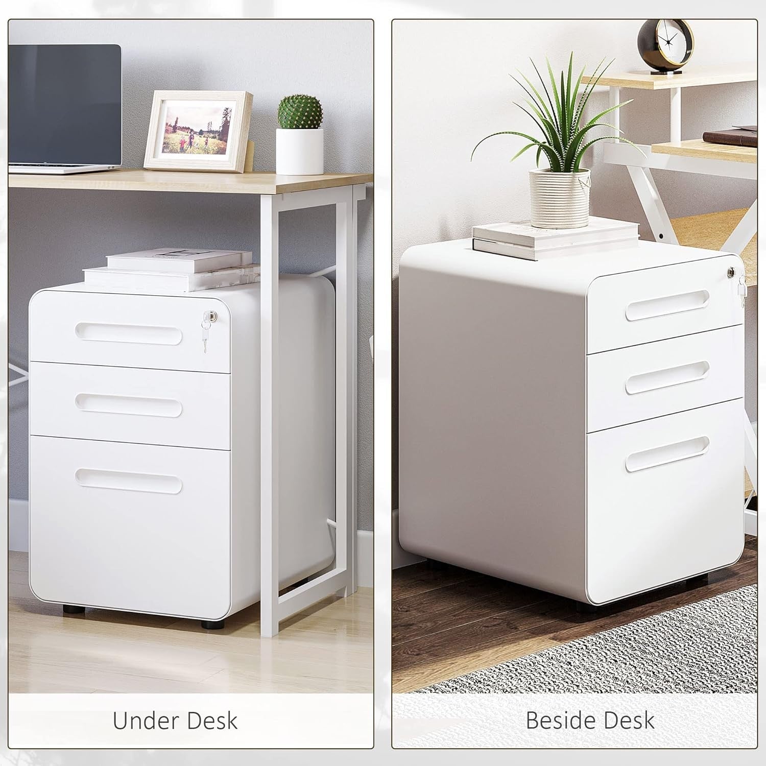White 3 Drawer Lockable Filing Cabinet with Wheels A4 Home Office Storage
