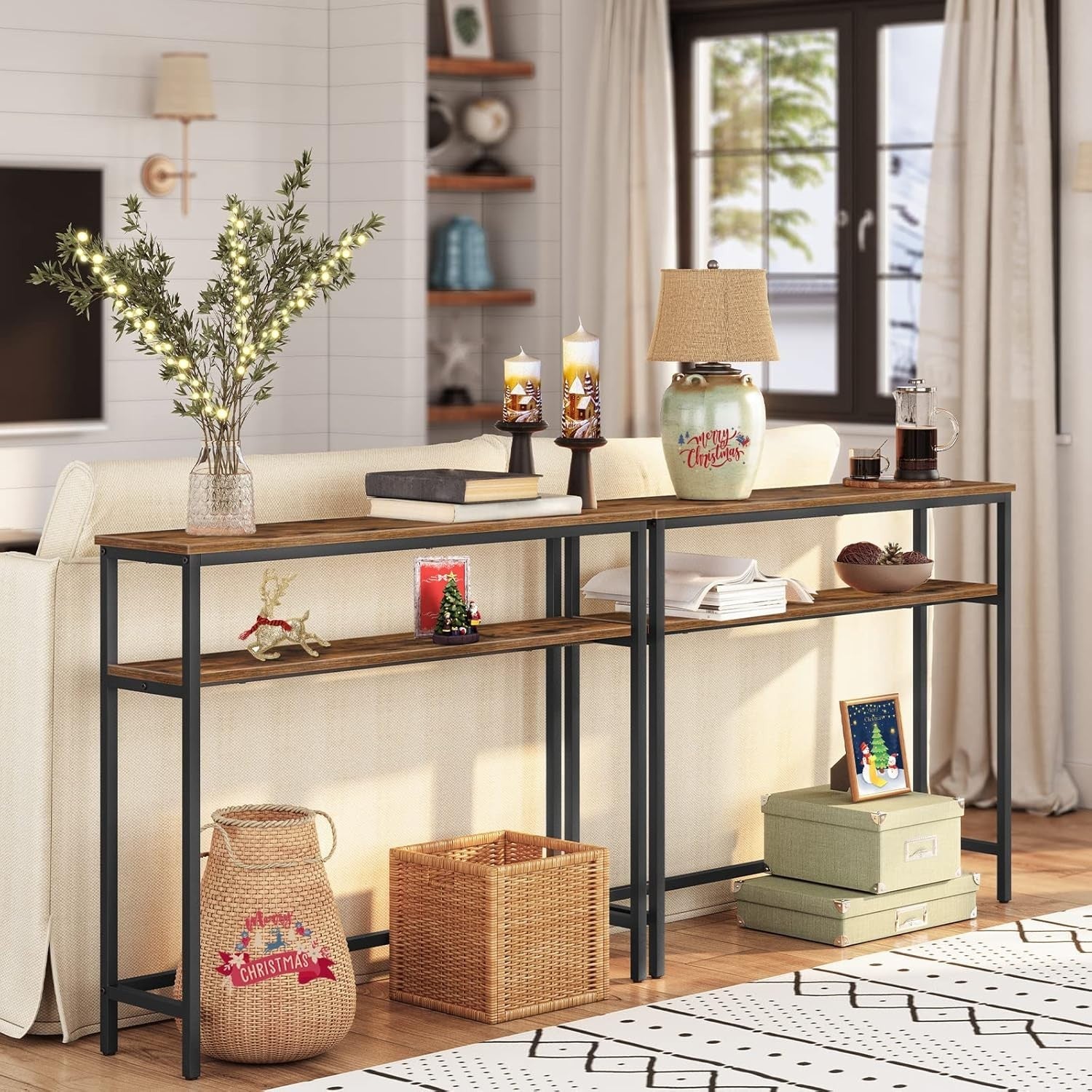 Adjustable 2-Tier Slim Console Table 100cm Storage Shelf Sturdy Design