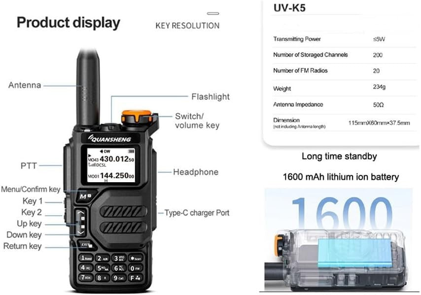 Dual Band Walkie Talkie 5W Long Range UHF VHF Rechargeable FM Radio