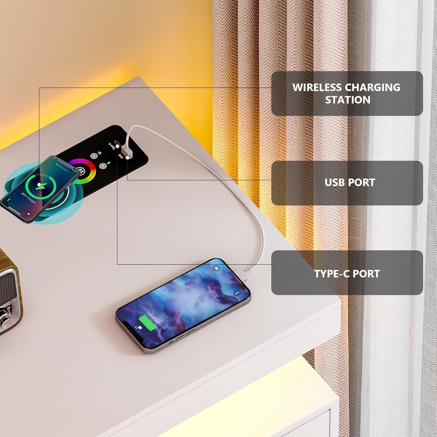 White LED Sideboard Buffet with Wireless Charging, RGB Lighting & USB Ports