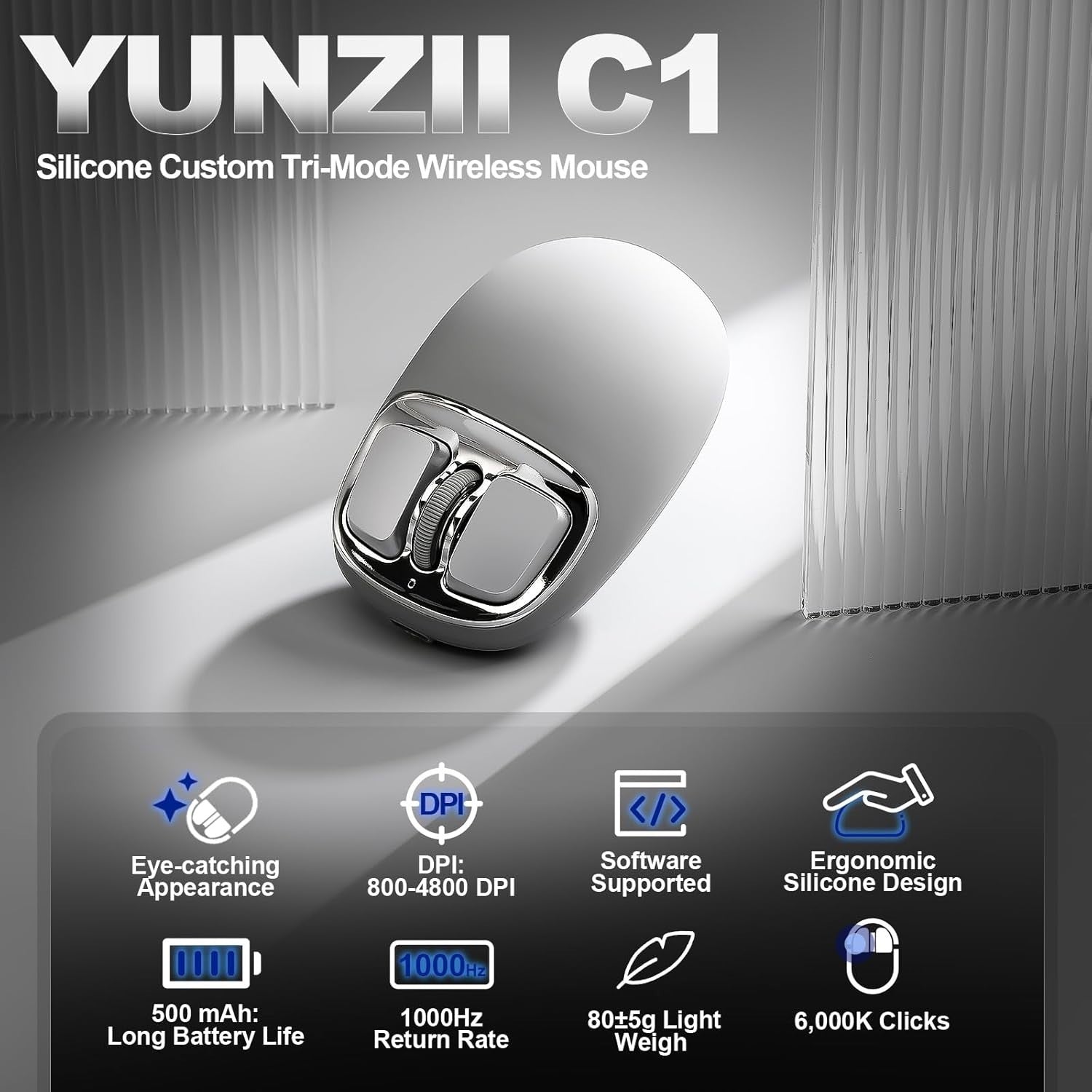 Tri-Mode Wireless Mouse 4800 DPI Bluetooth 2.4G USB-C Rechargeable