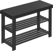 Black Bamboo Shoe Bench with 3-Tier Storage | Entryway & Hallway Seat