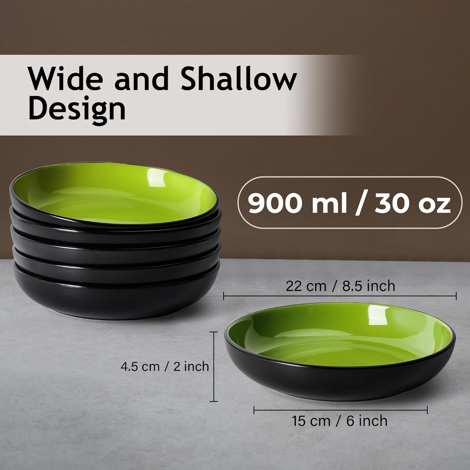 6x Pasta Bowls Ceramic 900ml Green Wide Shallow Bowls Soup Salad Stoneware