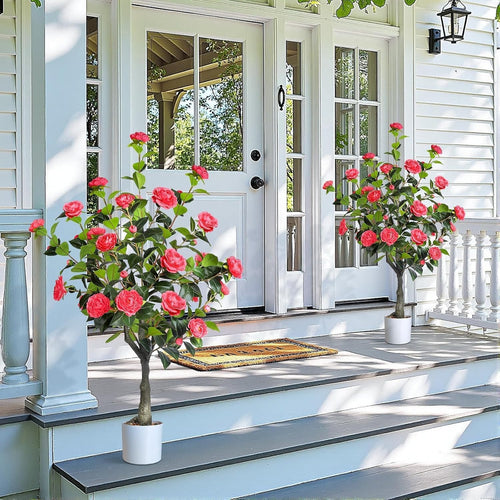 Set of 2 4ft Artificial Camellia Trees Pink Flowers Faux Plant Indoor Outdoor