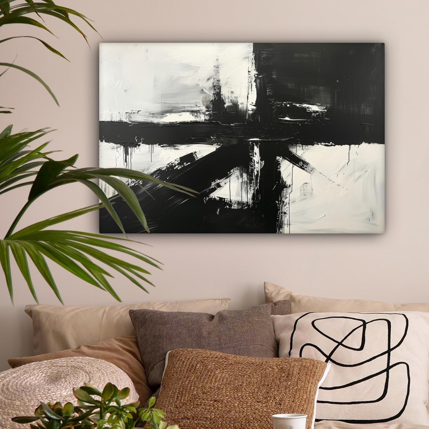Abstract Black White Canvas Wall Art 60x40cm Framed Modern