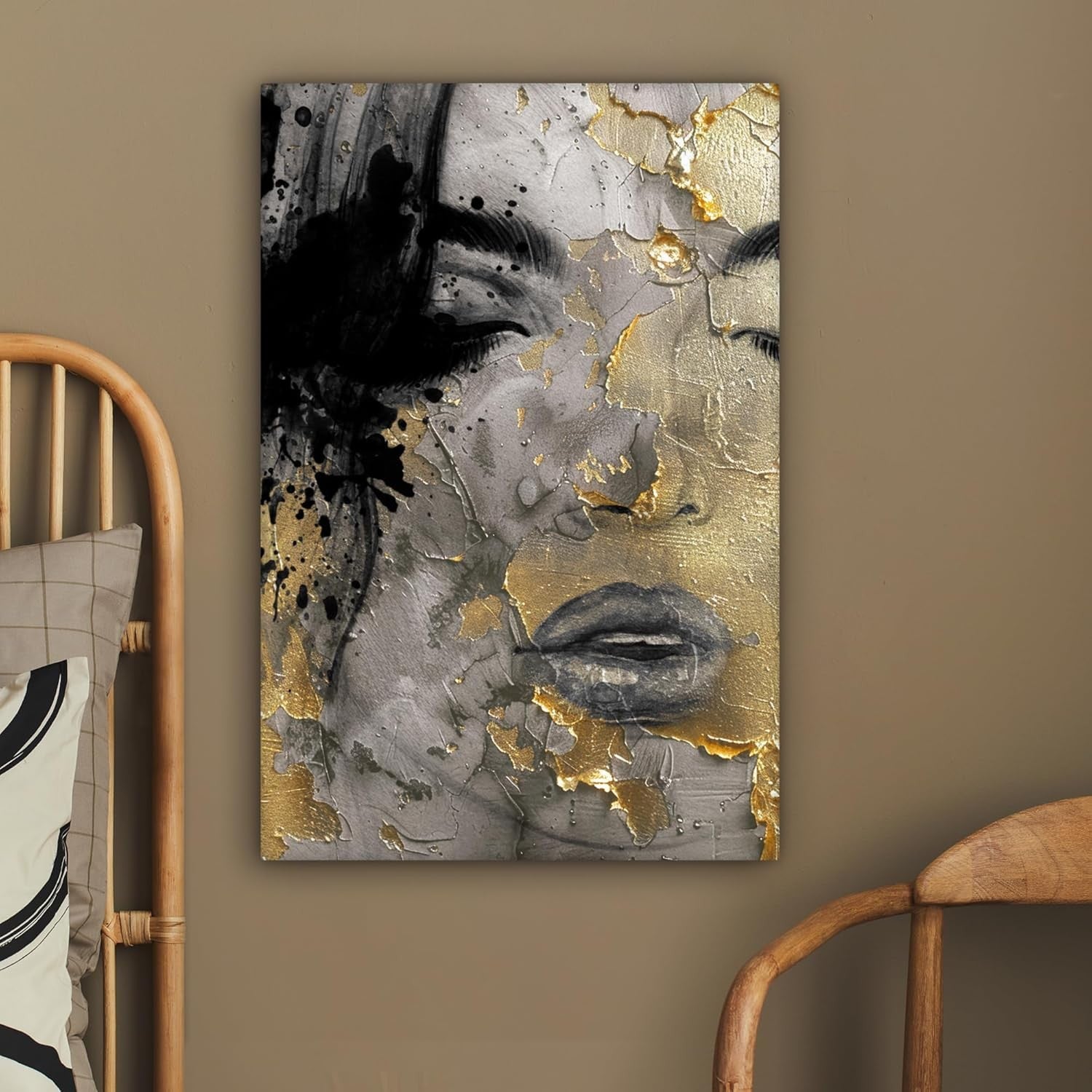 Gold Black Abstract Woman Canvas Wall Art 40x60cm Framed
