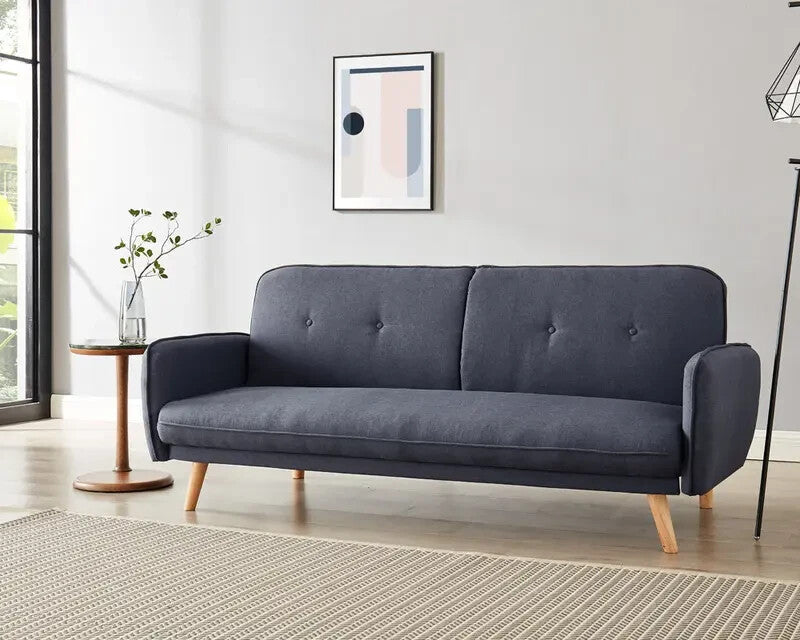 Charcoal 3 Seater Fabric Sofa Bed Tufted Back Clic Clac Natural Wood Legs
