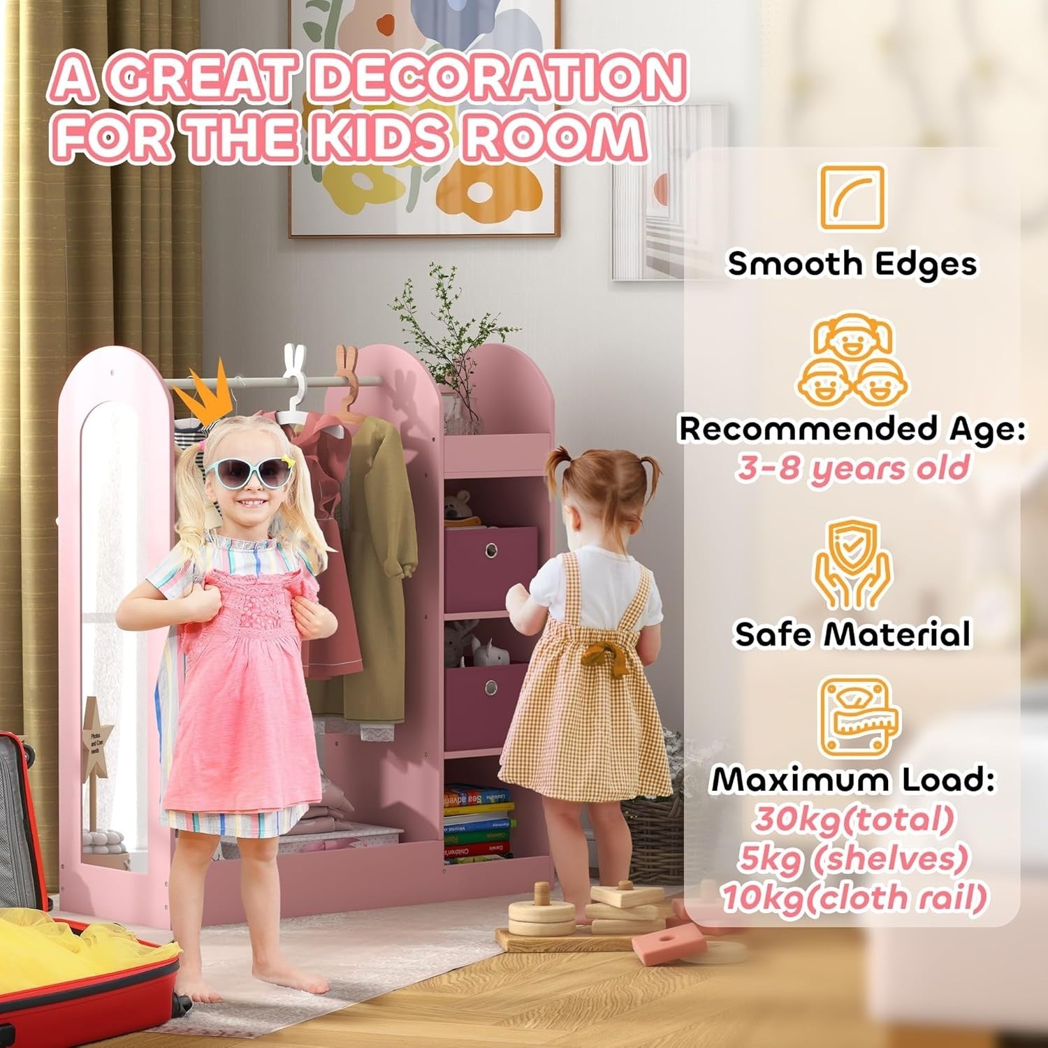 Kids Wardrobe with Mirror & Boxes, Dress Up Rail Pink