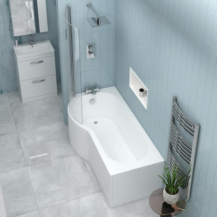 1500x850mm Left Hand P-Shaped Acrylic Shower Bath with Glass Screen White