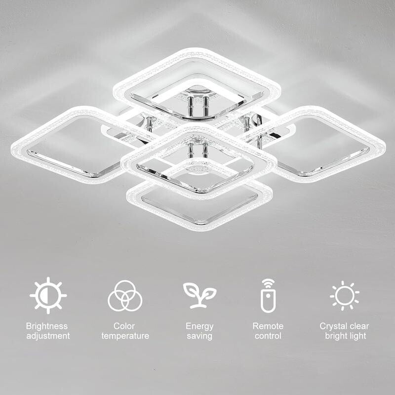 Modern LED Ceiling Light 100W Dimmable Remote Chrome Square 5 Lights