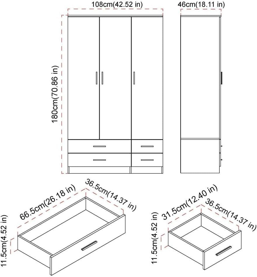 3 Door 4 Drawer Wardrobe Hanging Rail Shelf Storage Grey Bedroom Unit