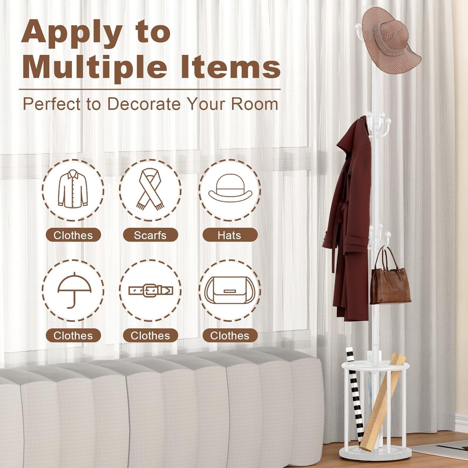 White Metal Coat Rack Stand | 12 Hook Freestanding Hall Tree with Umbrella Base