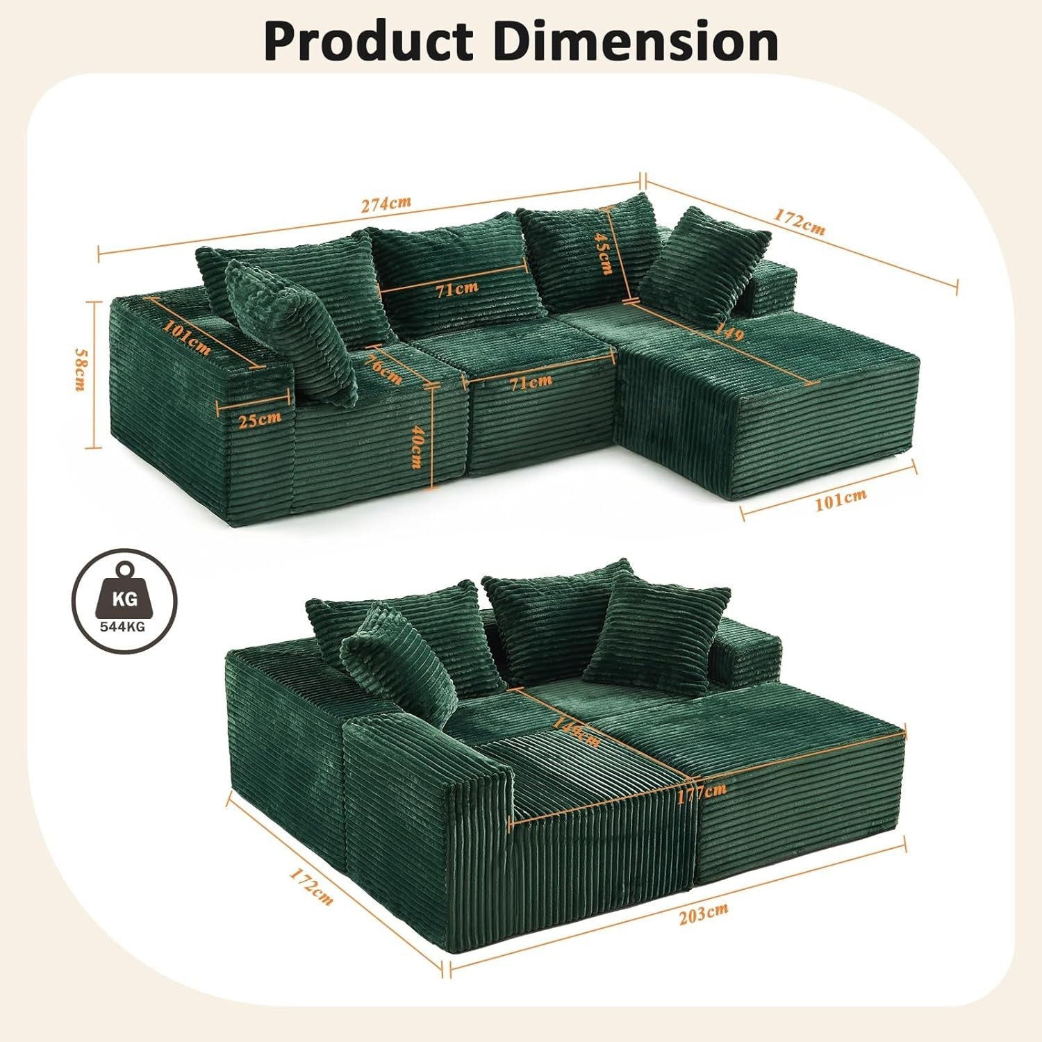 Modular 3/4 Seater Sofa Green Corner Couch No Assembly, Memory Foam, 274cm
