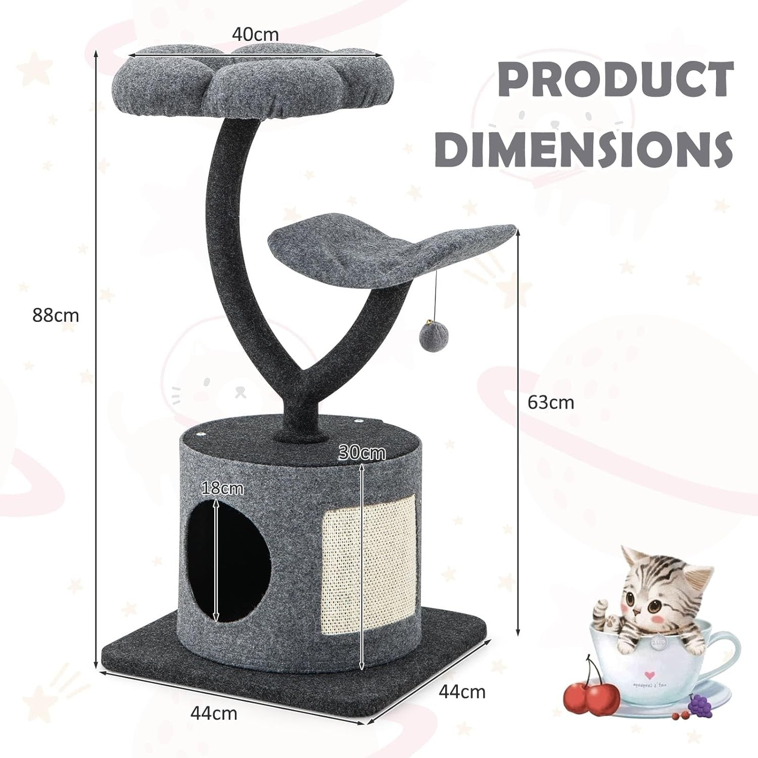 3 Tier Cat Tree Tower Grey Condo Scratching Post Top Perch Indoor Cats