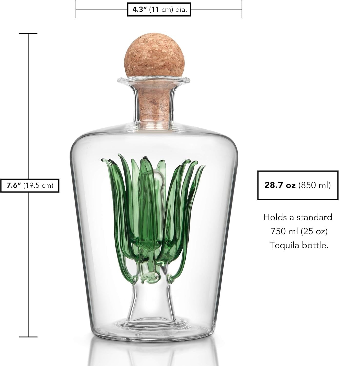 Agave Tequila Decanter 850ml Glass Bottle with Cork Stopper | Bar Gift Spirits