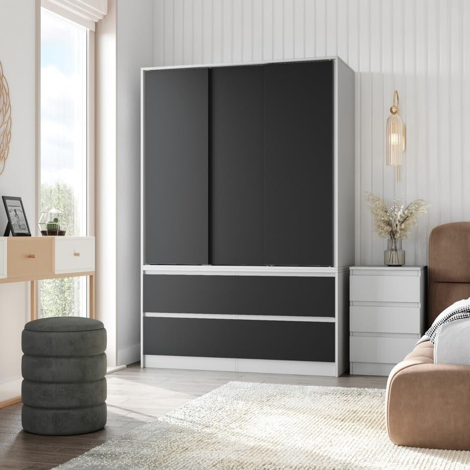 Black Sliding Door Wardrobe with 4 Drawers Hanging Rail Storage Unit
