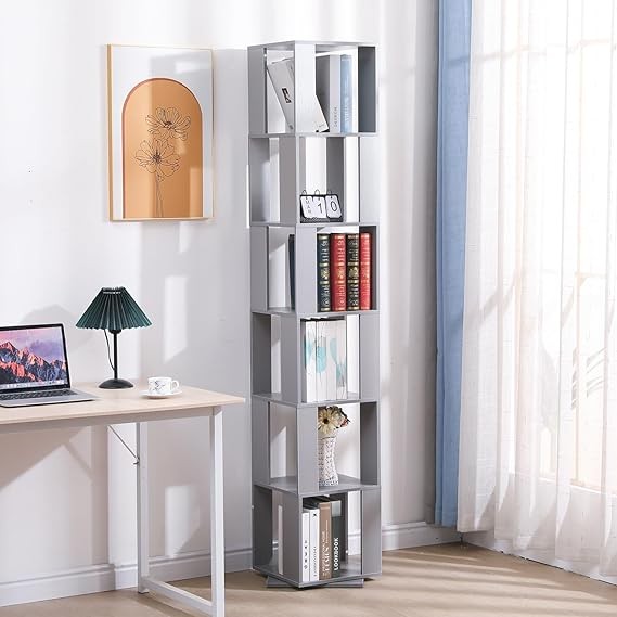 Slim Rotating 6-Tier Bookshelf Tall Corner Storage Unit Modern Display Shelf