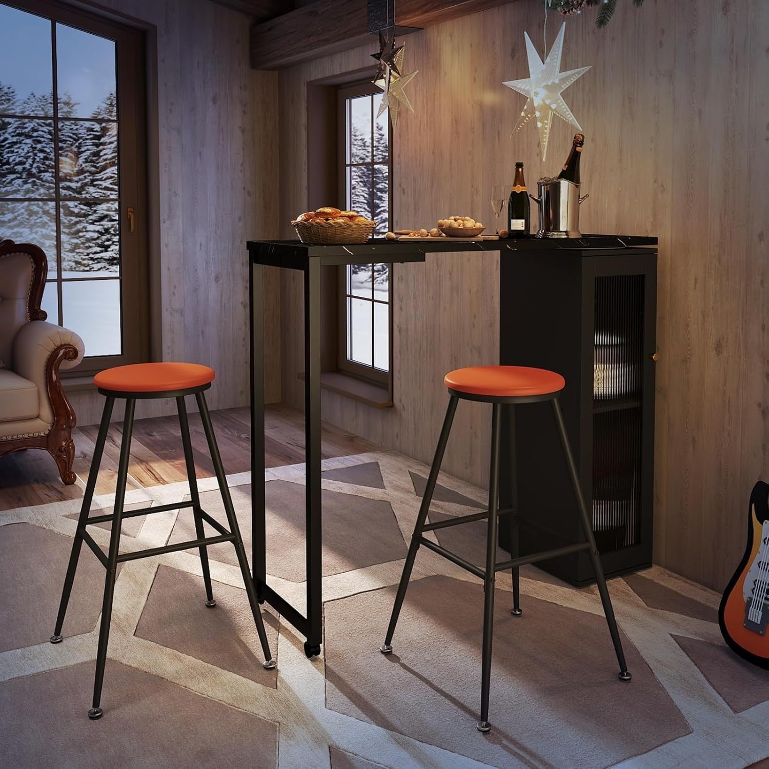 3 Piece Bar Table Set with Stools & Storage Cabinet Faux Marble Swivel Dining