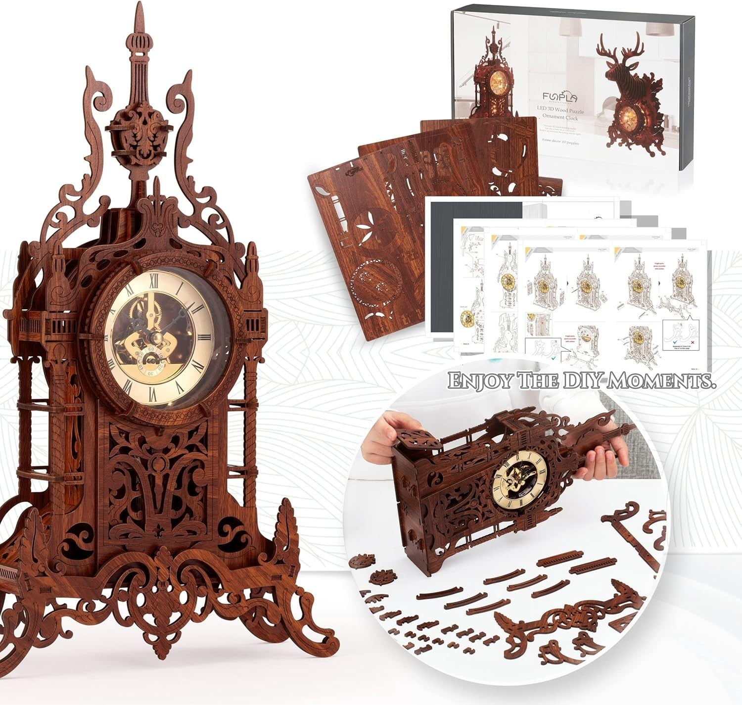 3D Wooden Tower Clock Puzzle with LED Light, DIY Home Decor Kit