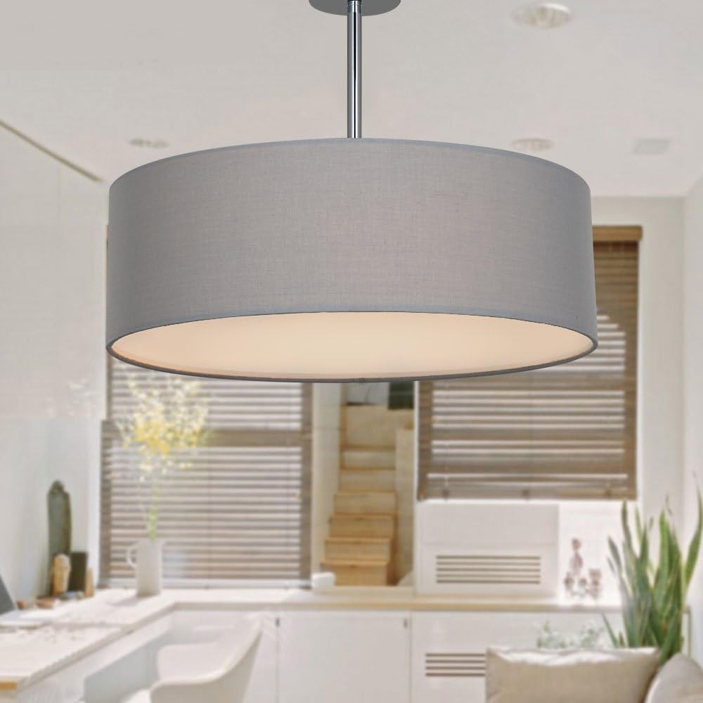 Large Grey Drum Ceiling Light Fabric Pendant 3x E27 Modern 46cm