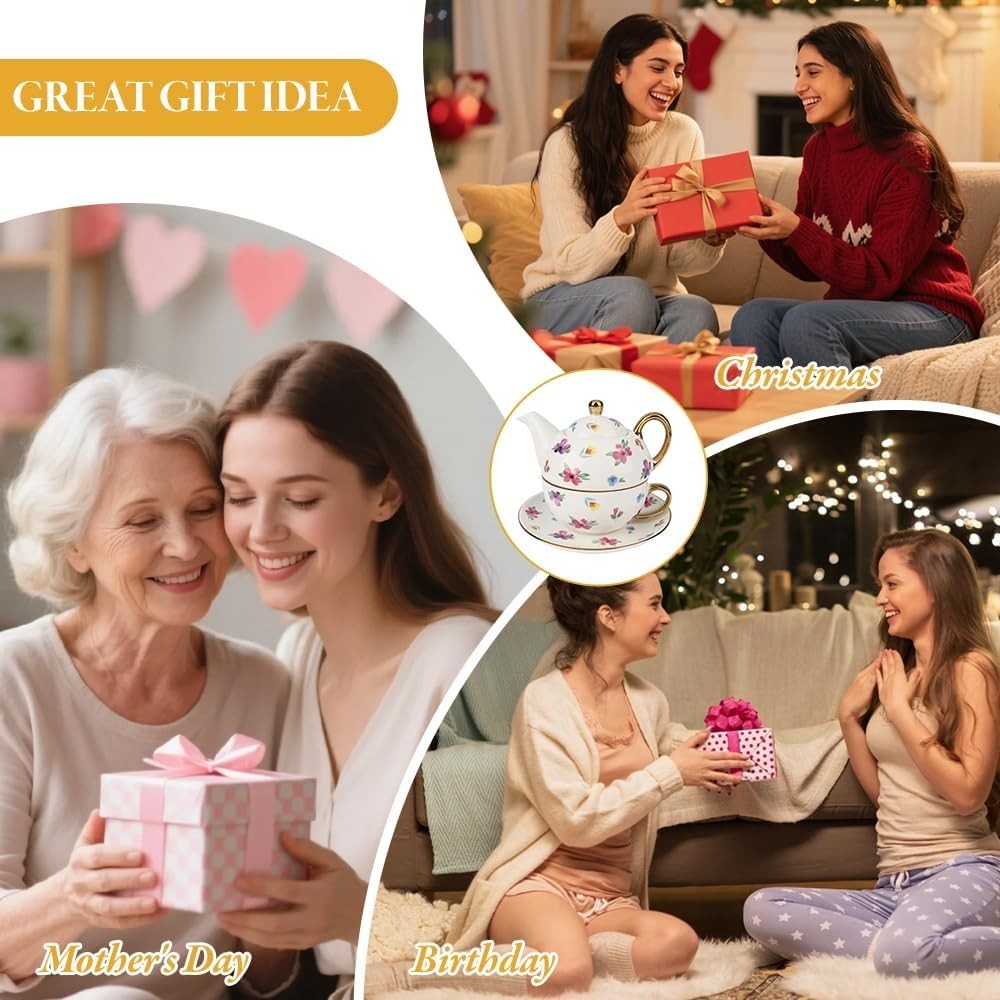 Tea for One Set Floral Teapot Cup Saucer Gold Trim Porcelain Gift Set
