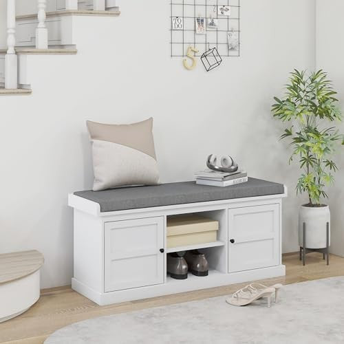 White Shoe Storage Bench with Cushion & 2 Cabinets – Modern Hallway Seat