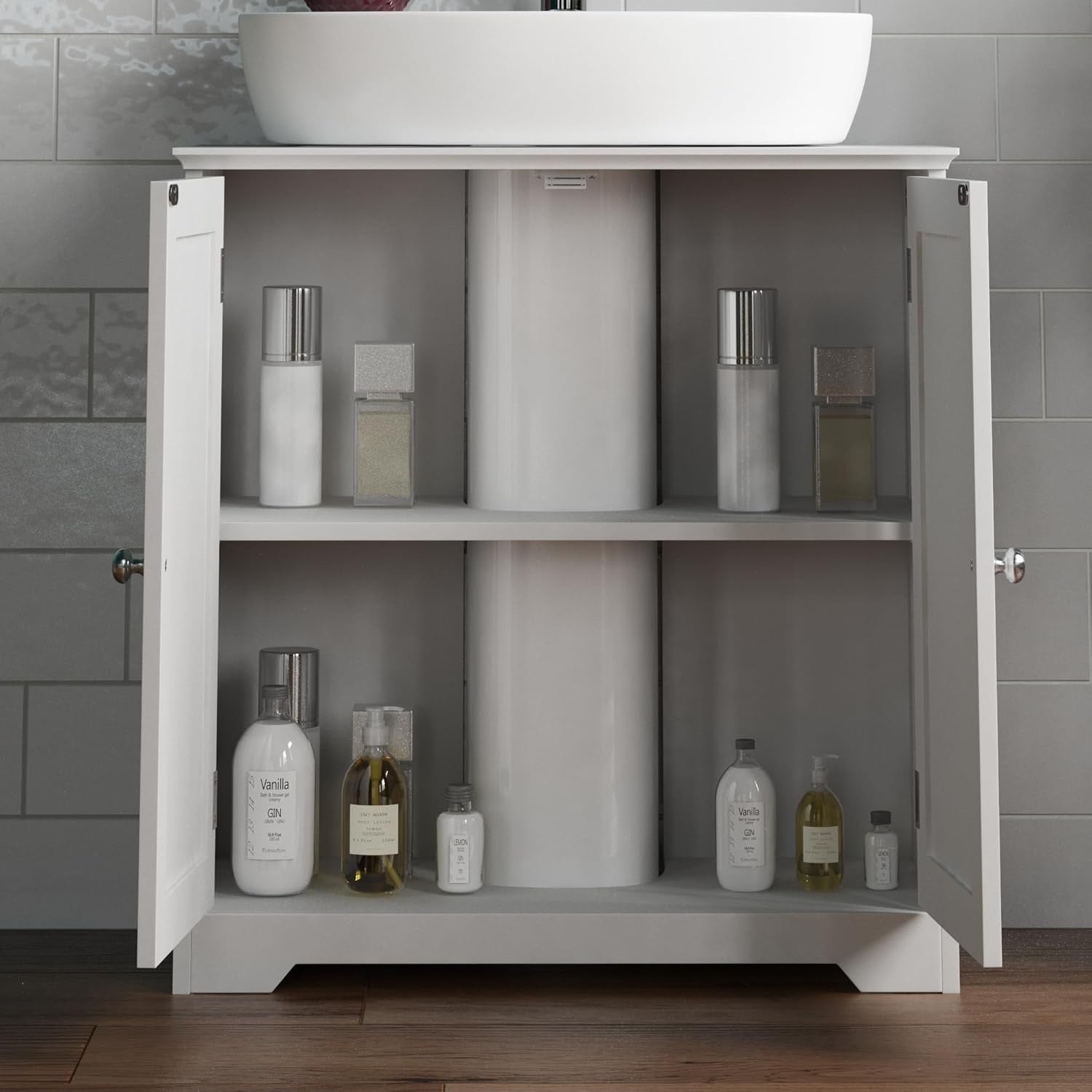 White Under Sink Bathroom Cabinet with 2 Doors & Space-Saving Shelf 60x30x60cm