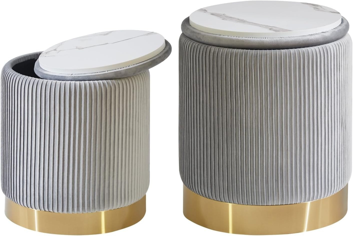 Set of 2 Gray Storage Ottomans – Round Boucle Velvet Stools with Lids
