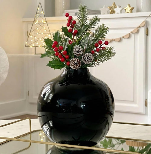 Black Ceramic Vase 7.5 Inch Glossy Porcelain Round Flower Centerpiece Decor