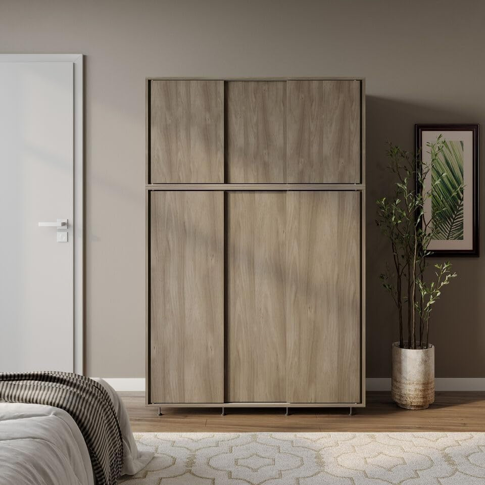 6-Door Oak Sliding Wardrobe with Adjustable Feet, Hanging Rail & Storage