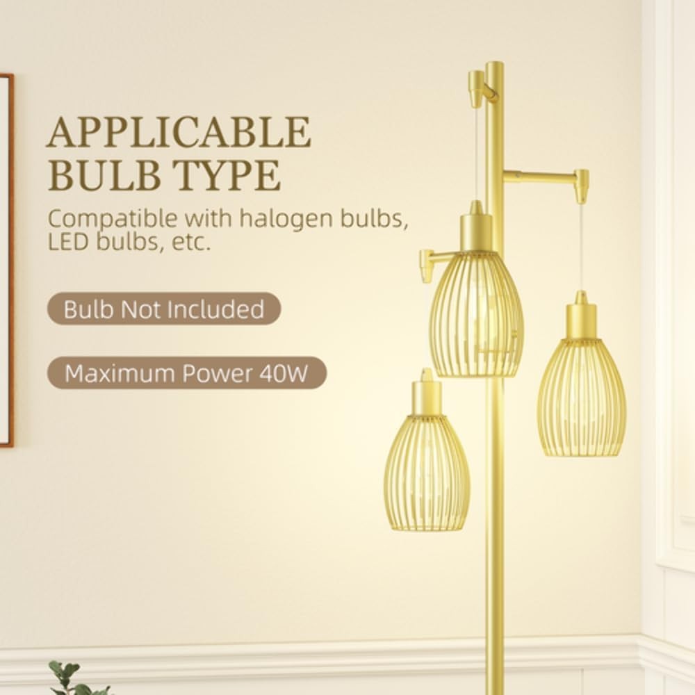 Gold Industrial 3 Light Floor Lamp Dimmable Steel Cage Standing Lamp