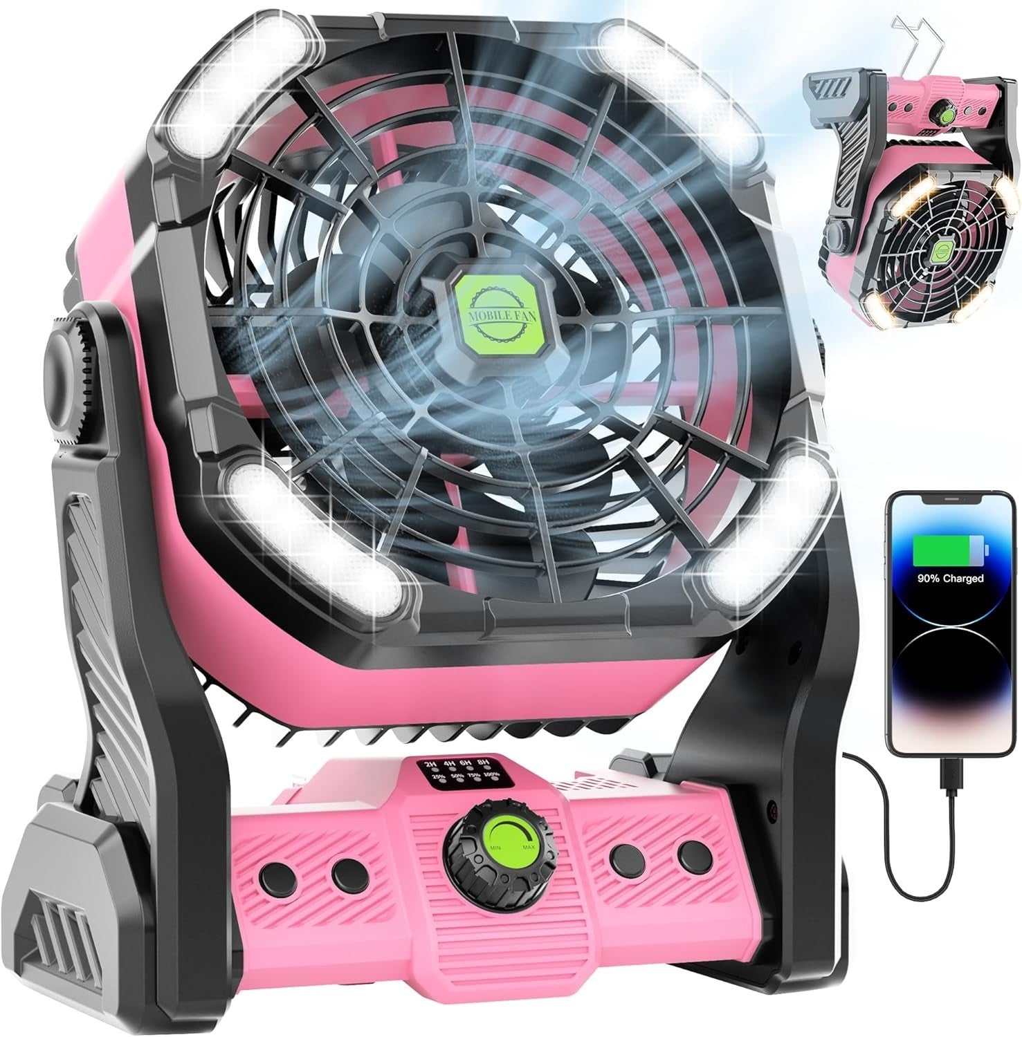 20000mAh Pink Camping Fan – Rechargeable 4-Speed Fan w/ LED Light & 270° Tilt