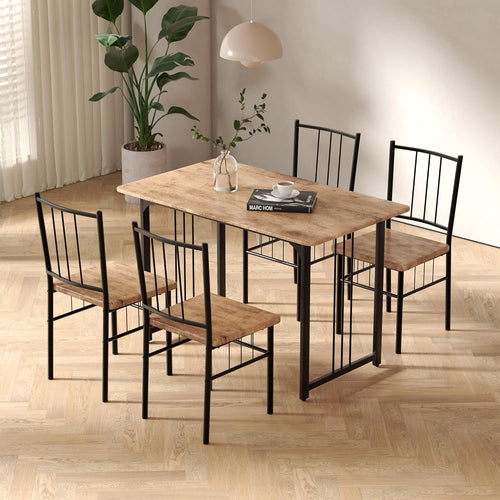 Rustic Wooden Dining Table Set 4 Metal Frame Chairs Kitchen & Dining Room