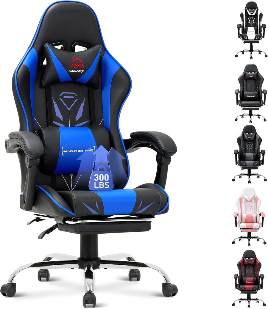 High Back Gaming Chair with Footrest Blue Faux Leather Computer Office Swivel Se