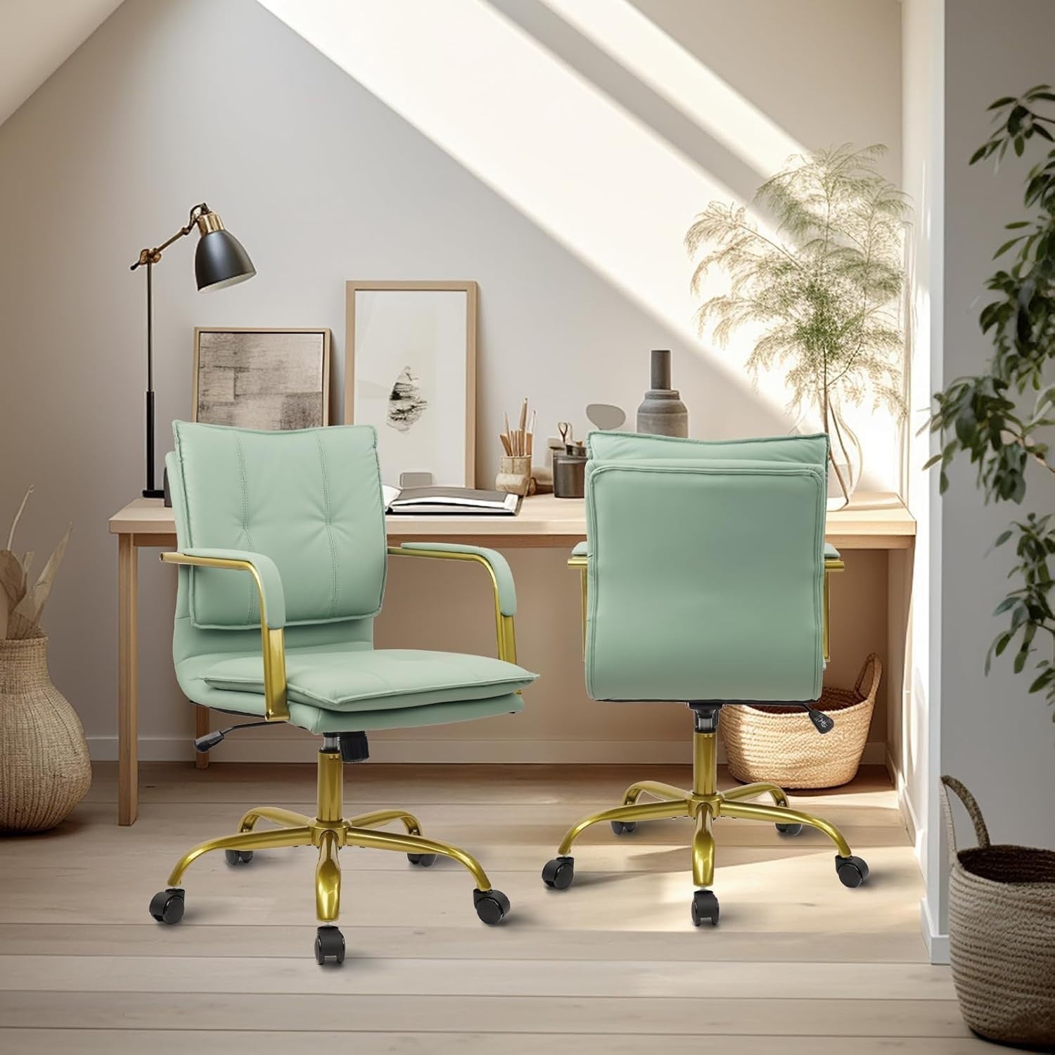 Ergonomic Office Desk Chair Swivel Wheel Green Faux Leather Adjustable Height