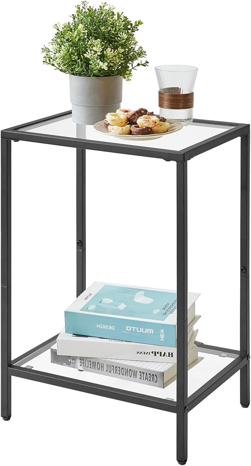 Black 2-Tier Side Table 38x28x56 cm | Sofa & Bedside Table w/ Tempered Glass