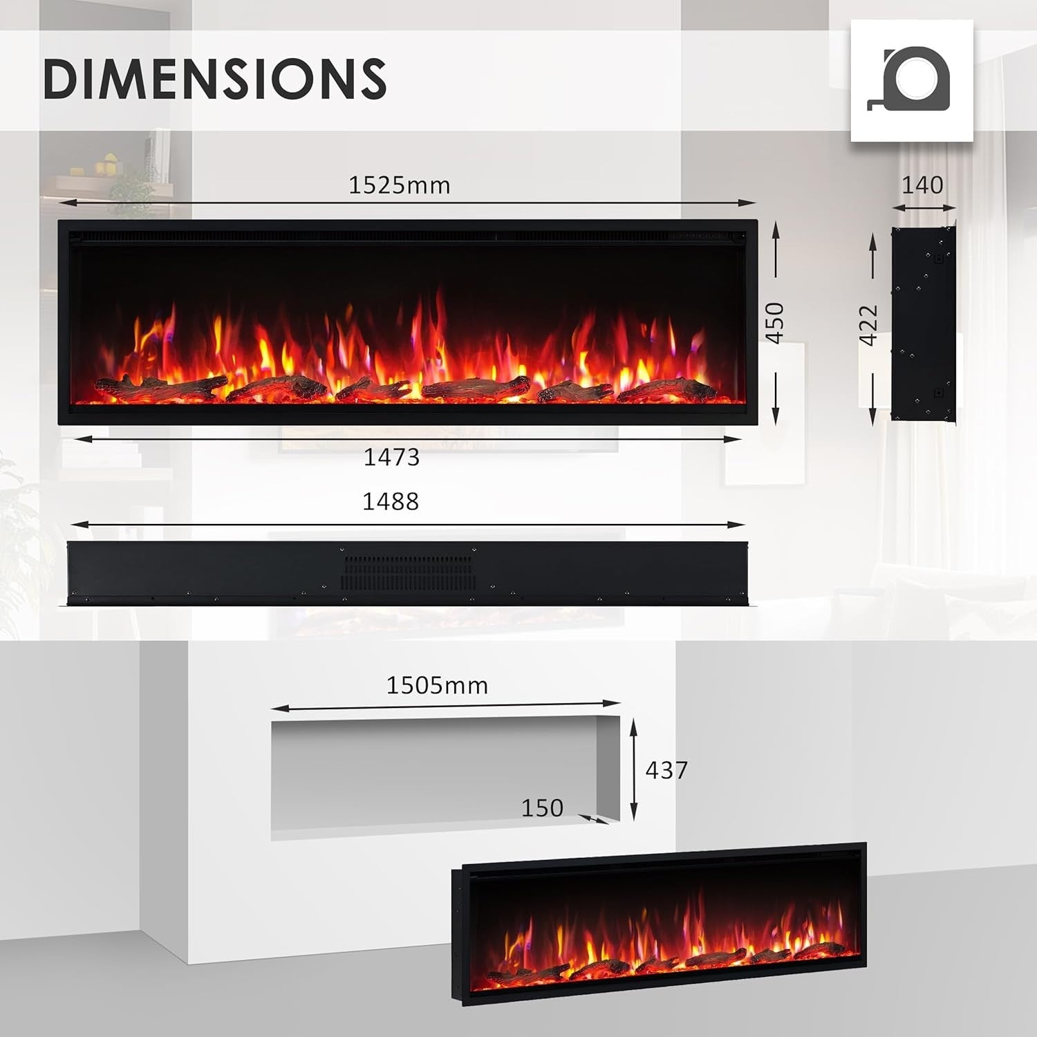 60” Recessed Wall Electric Fireplace LED Flame Heater Remote Slim TV Mount
