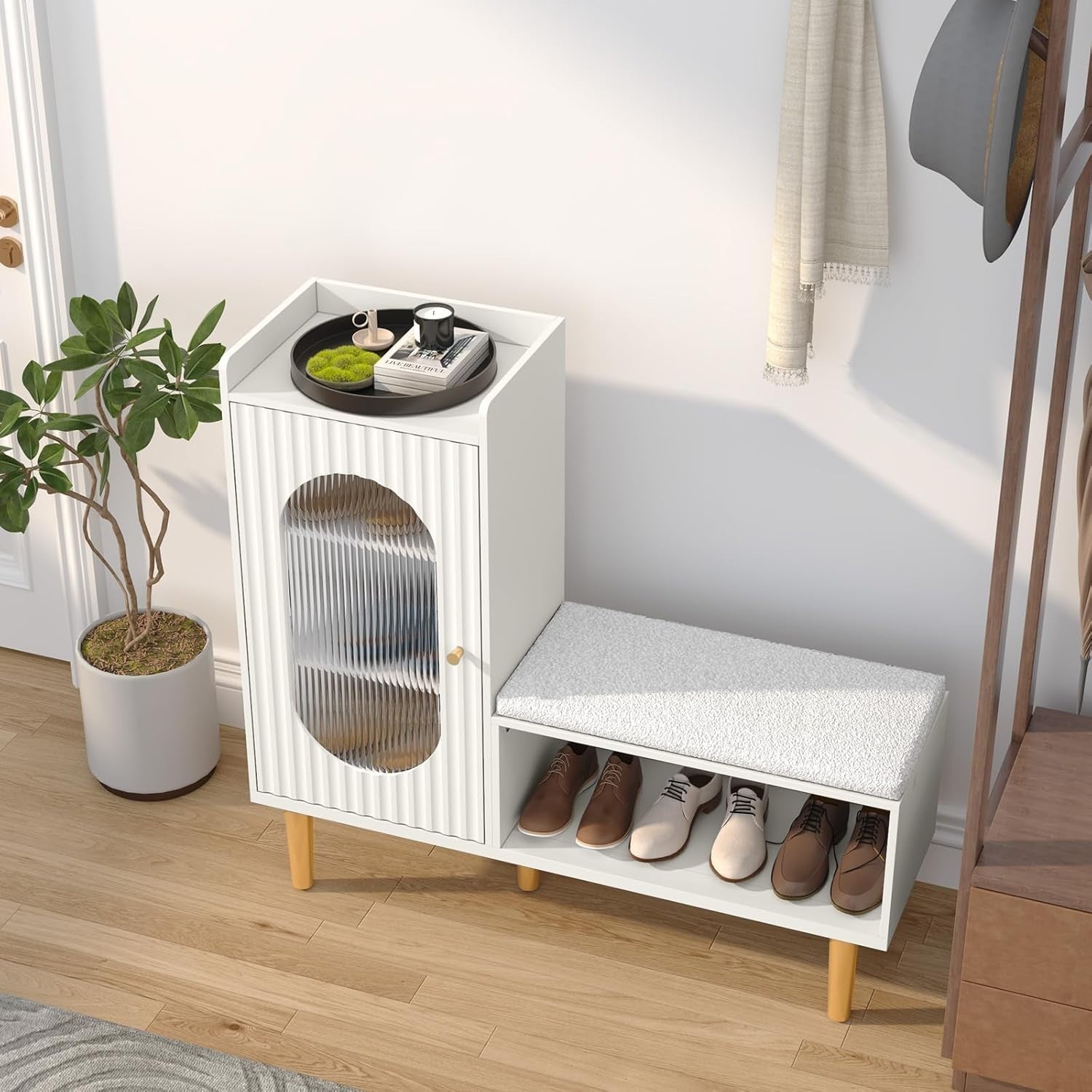 White Shoe Storage Bench with Cushion & Glass Door Cabinet 100x29.5x91.5cm