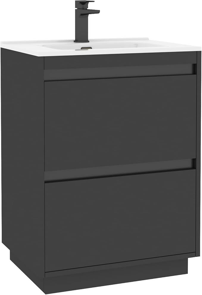 600mm Jet Black Floor Standing Vanity Unit with Basin Sink 2 Drawer Cabinet