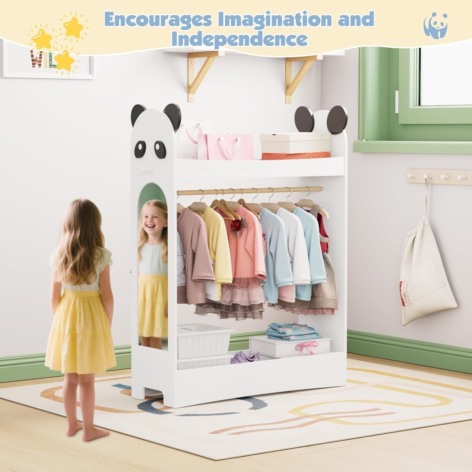 Kids Wardrobe with Mirror & Hanging Rail, Open Storage No Drawer White