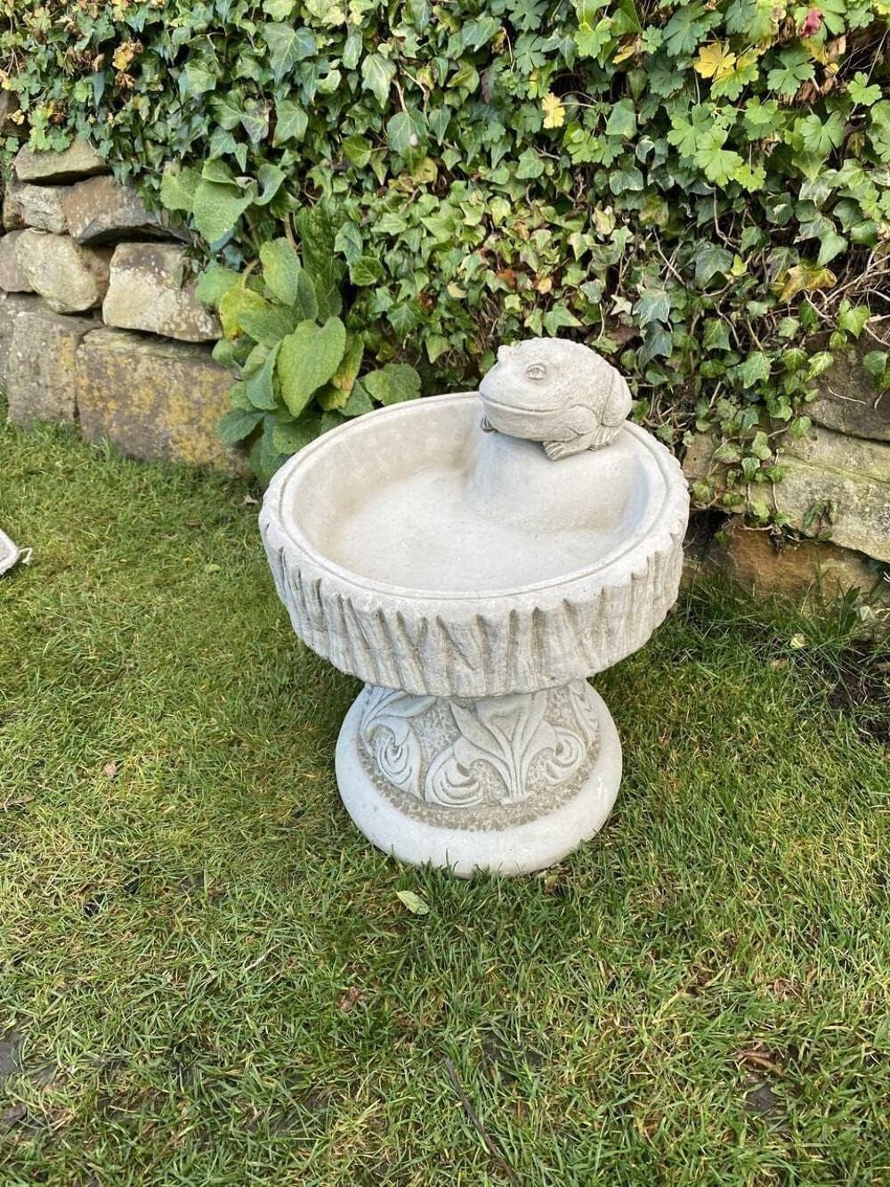Round Stone Bird Bath with Frog | Hand Finished Garden Ornament Sculpture