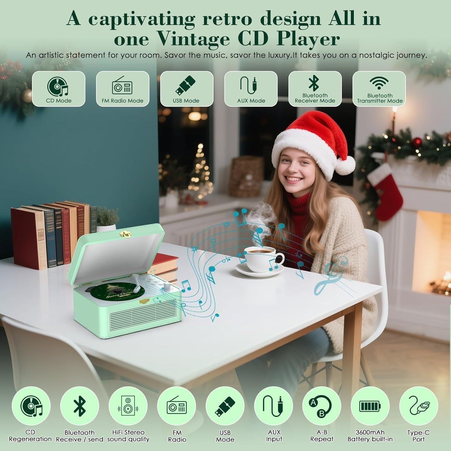 Retro Bluetooth CD Player FM Radio USB AUX HiFi Speakers Green PU