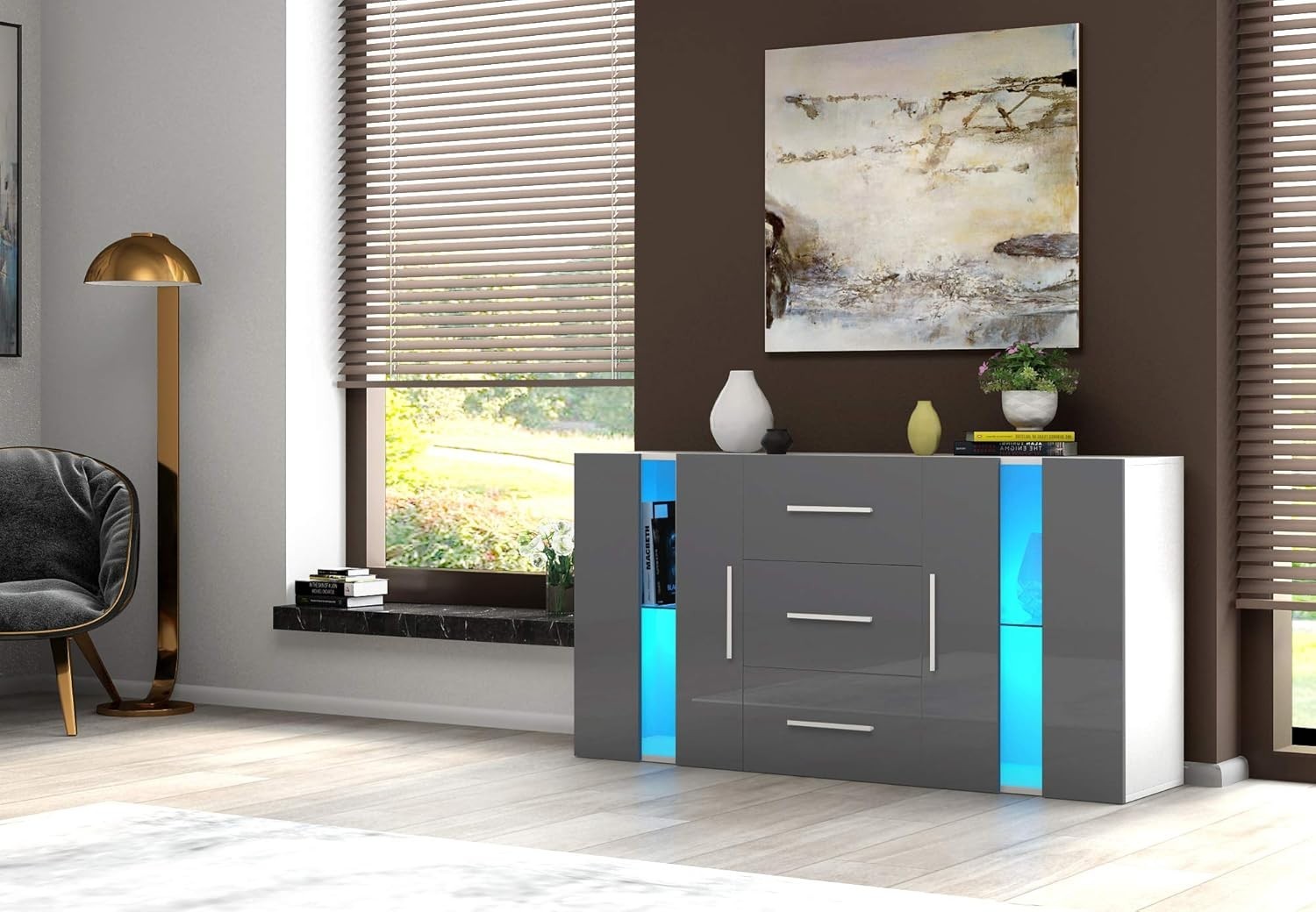 Grey LED Sideboard Cabinet Storage Unit RGB Glass 3 Drawer 2 Door Modern