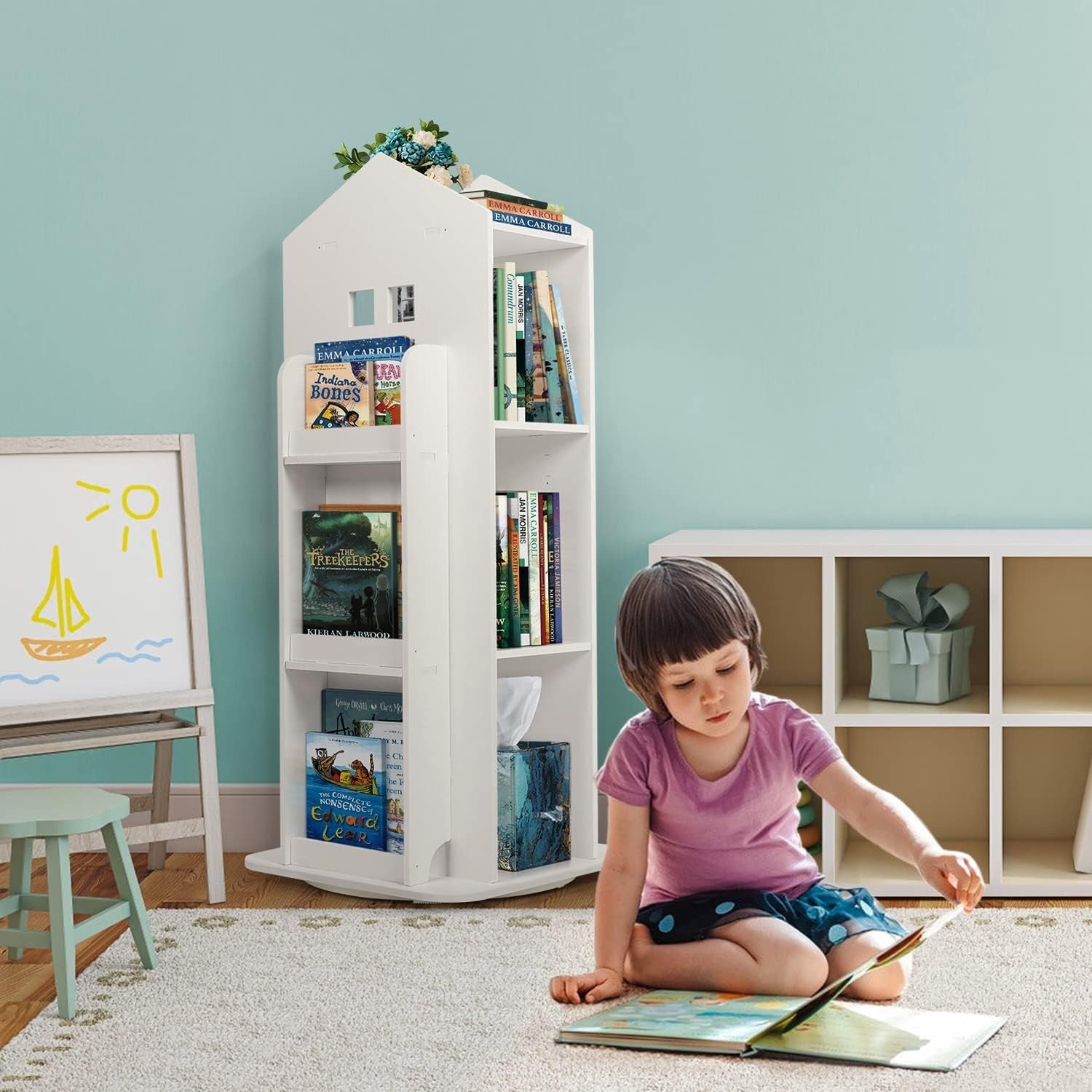 360° Rotating 3-Tier Kids Bookshelf Swivel Storage Rack for Bedroom Office