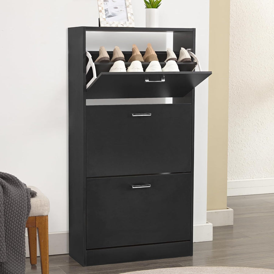 Slim Black 3 Drawer Shoe Cabinet with Adjustable Shelves Space-Saving Storage