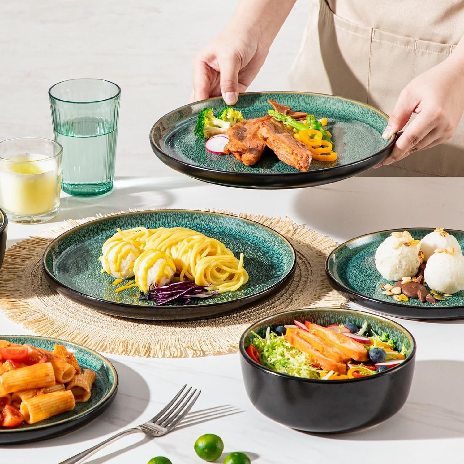 12pc Green Stoneware Dinner Set Reactive Glaze Plates Bowls Microwave Safe