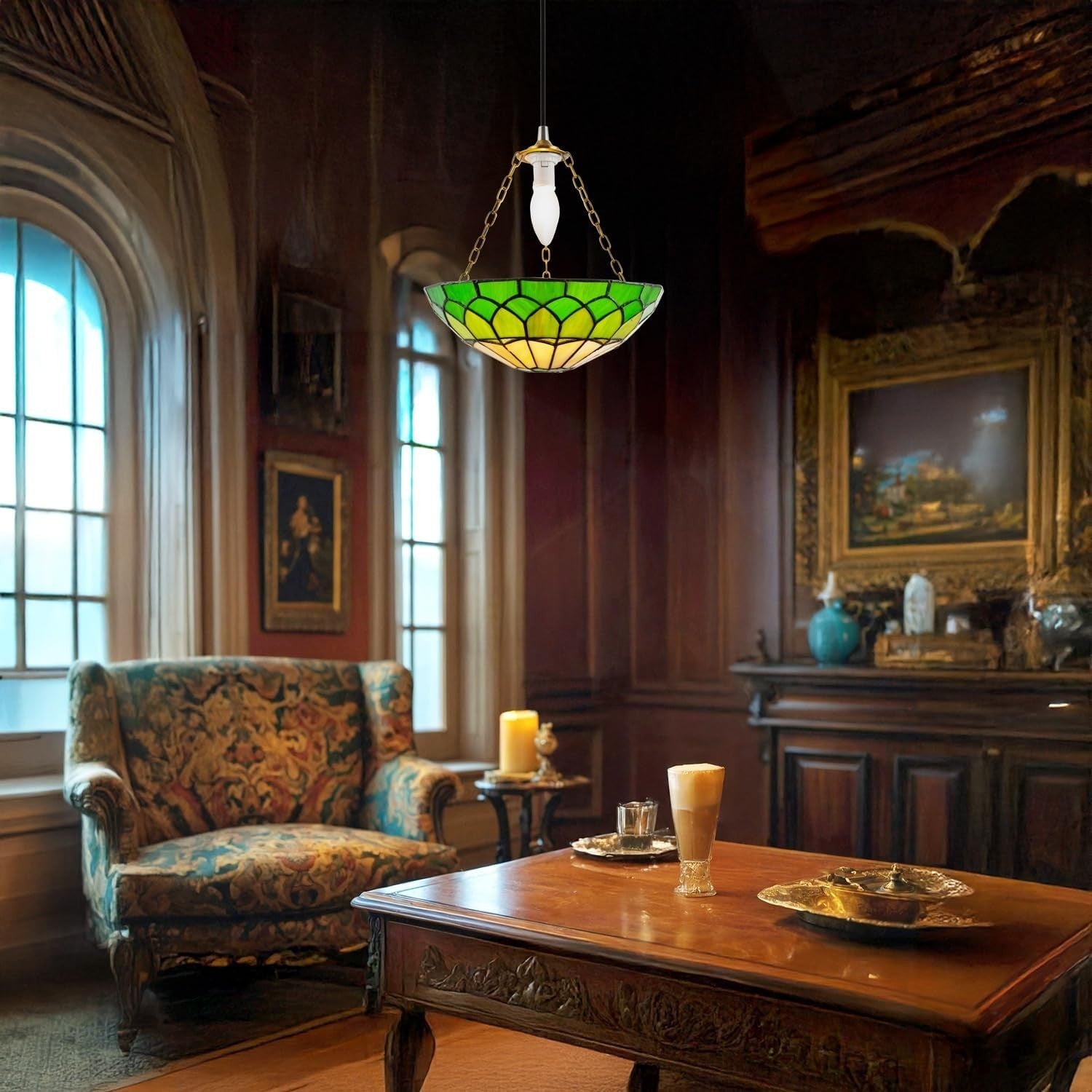 Tiffany Pendant Lamp Shade Amber Green Stained Glass Dome 30cm