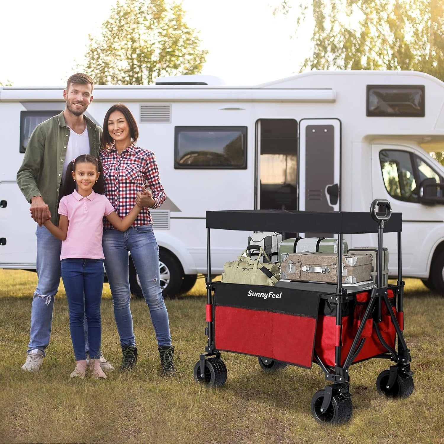 3 in 1 Collapsible Wagon 230L Cart 220lb Load Canopy All Terrain Wheels Red