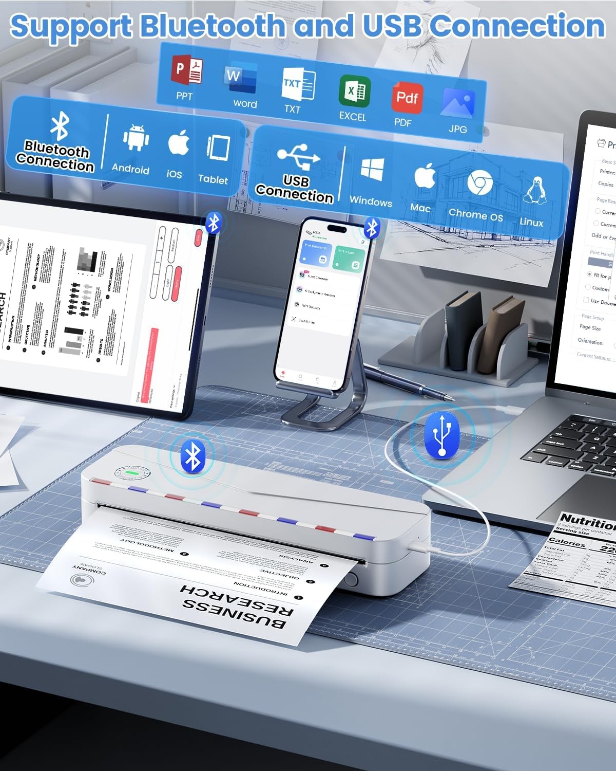 White A4 Portable Thermal Printer 300DPI Wireless Bluetooth
